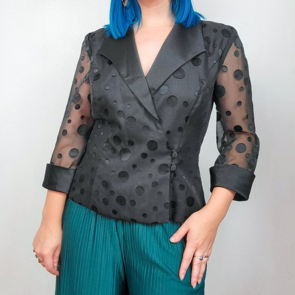 Vintage 90s Black Polkadot Sheer Sleeve Blazer - Picture 1 of 6